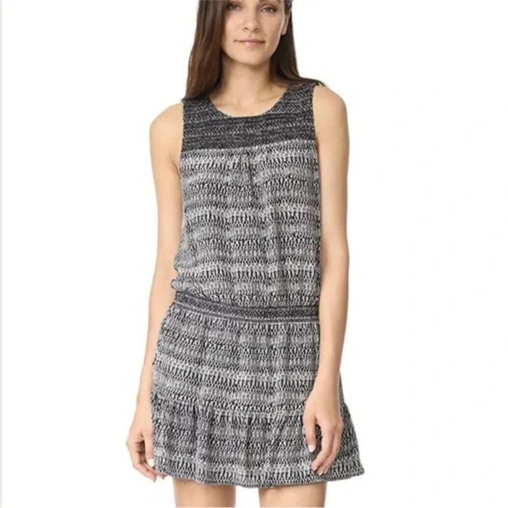 Joie Silk Mini Dress XS Leilou Drop Waist Abstract Print‎ Sleeveless Black White